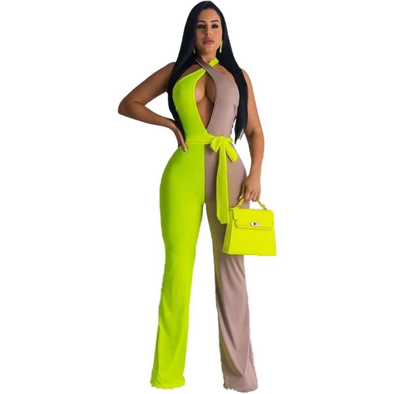 

Patchwork Neon Women Sexy Club Jumpsuit Romper Summer Halter Hollow out Backless Jumpsuit Party Wide Leg Pants Jumpsuit Overalls