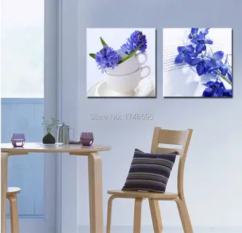 

Big 2pcs modern home decor blue flower Wall Art picture for living room dining room wall decor printed Painting on Canvas art