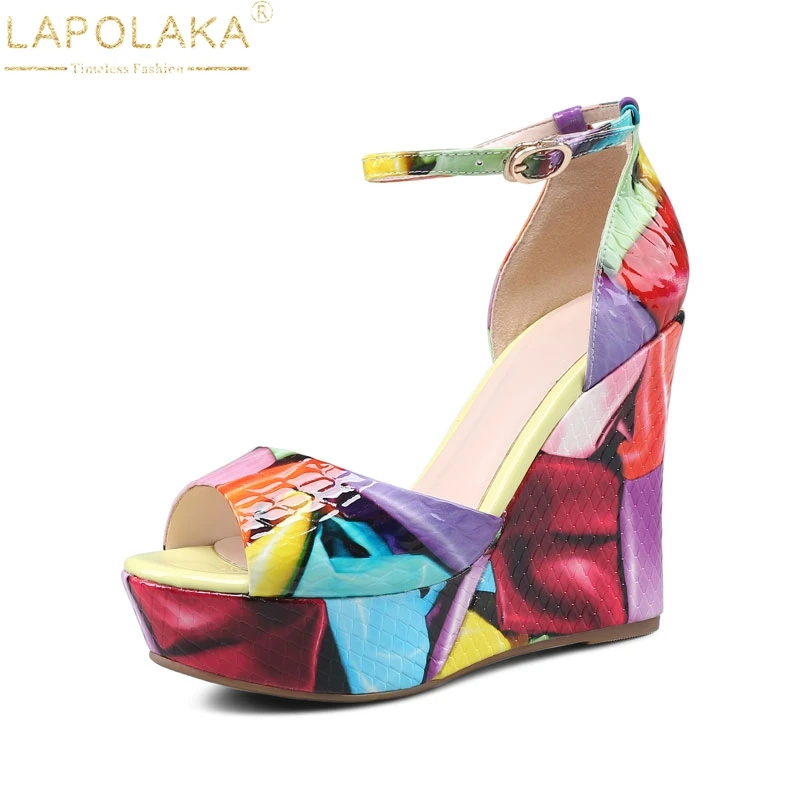 

LAPOLAKA Summer Genuine Leather Colorful Printed High Heel Wedges Open Toe Platform Sandals Shoes Woman