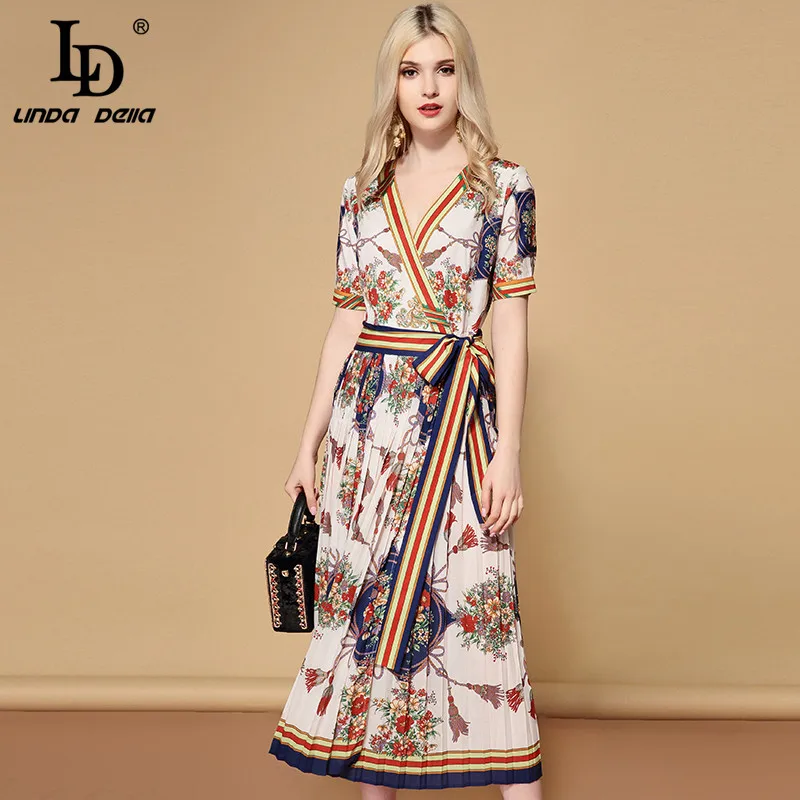 

LD LINDA DELLA 2019 Summer Dress Women's V Neck Sexy Elegant Striped Floral Print Pleated Vintage Belted Wrap Dress vestidos