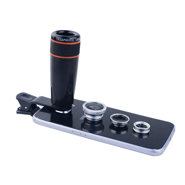 4in1 12x black Zoom Telescopic Optical Lens Macro Wide angle Lens Fish Eye Lens with clip