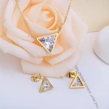 

LUXUKISSKIDS Gold Triangle Stainless Steel Crystal Wedding Dubai Indian Jewelry Sets For Fashion Women Girls Jewellery sets