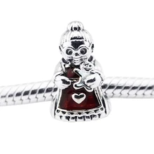 Подходит для браслетов Pandora, талисманы миссис Санта Клаус, полупрозрачная Красная эмаль, бусины из стерлингового серебра пробы