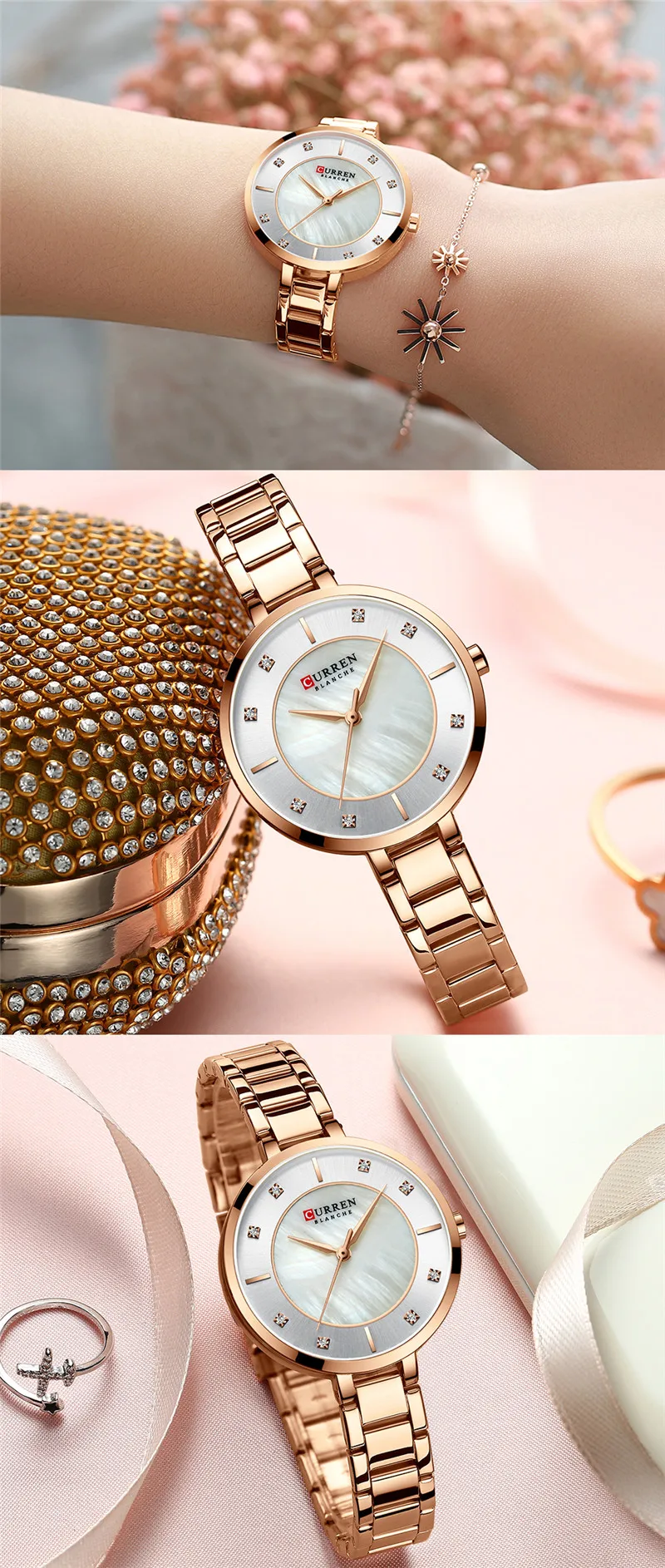 CURREN женские часы водонепроницаемые Топ брендовые роскошные золотые женские наручные часы из нержавеющей стали ремешок классический браслет женские часы 9051