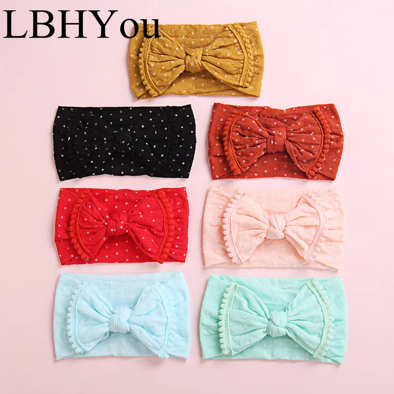 1pcs Knot Bows Width Nylon Headbands With Pompom Trims,Newborn Baby Girls Soft Stretchy Handtie Nylon Hairbands Girl's Hair Wear