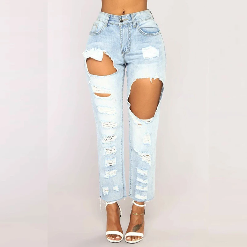 Пикантные для женщин джинсы для длинные джинсы с бахромой высокая талия тощий карандаш синие джинсы Рваные брюки стиля гранж Обрезанные slim