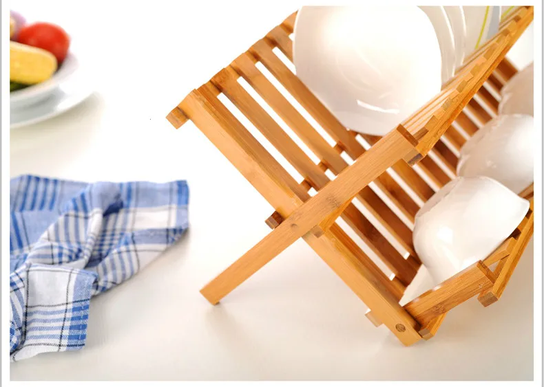  Natural Bamboo Folding Dish Drying Rack Flatware Holder Plate Storage Holder Plate Wooden Flatware  - 32788888923