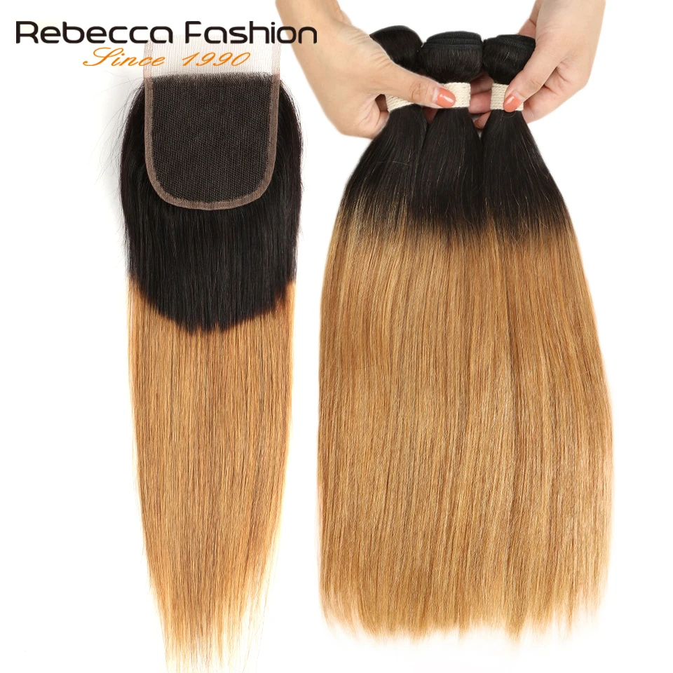 Pacotes de Rebecca Ombre com Fechamento Pacotes com Fechamento Dois Tons 27 30 Cores Cabelo Reto Brasileiro 3 1b - 99j 1 Pacotes com 34 com fecho