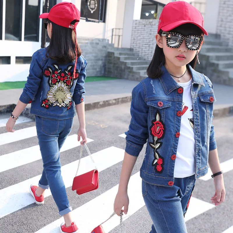 

Autumn Girls Embroidery Jacket+Jeans Fashion Clothing for Girls Teenage Winter Outfits Children's Clothes 3 Years To Size 12 14