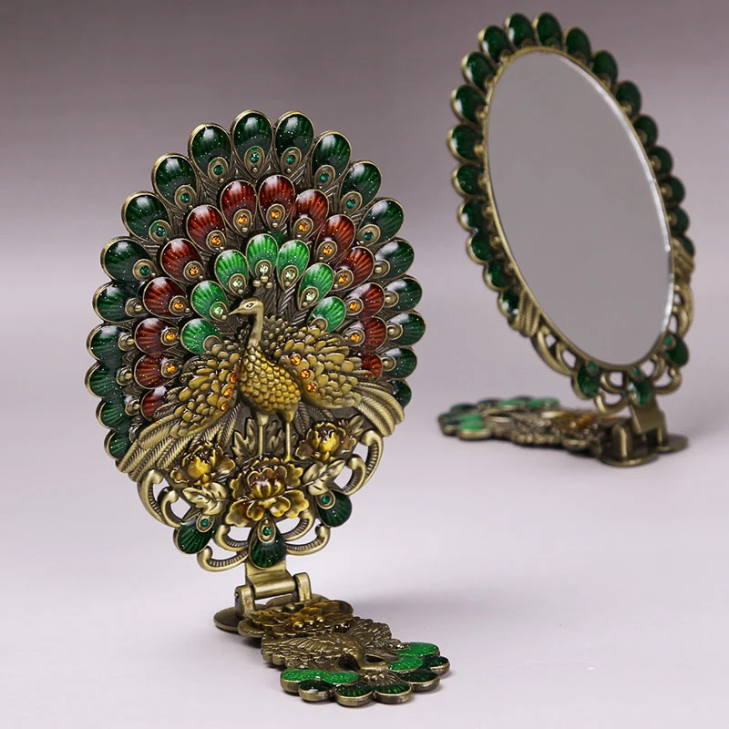 

free shipping Russian ethnic makeup mirror folding table portable handle retro peacock tin copper