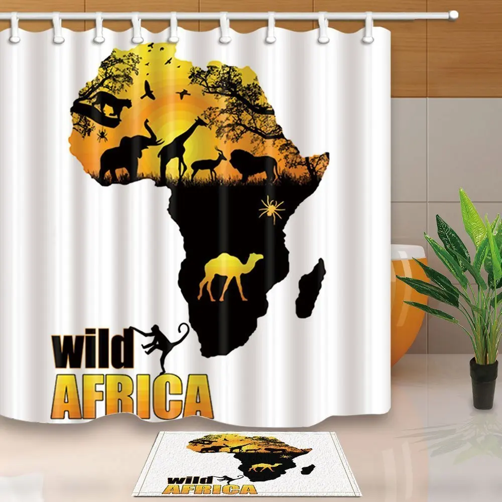 Safari Creature Bath Decor African Wild Animal Map Against White Backdrop Waterproof Polyester Fabric Shower Curtain Set Doormat | Дом и сад