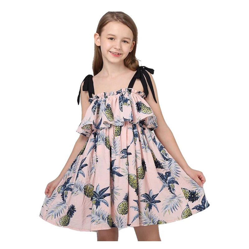 Print Dress Girl Summer Kids Dresses 10 12 years Party Ruffles Bow Shoulder Pineapple Sundress Teenage Clothing Whoesalel | Детская