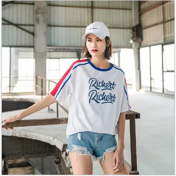 

New quality Korean version of the letter printing contrast color loose round neck short-sleeved T-shirt skirt female 2019 summer