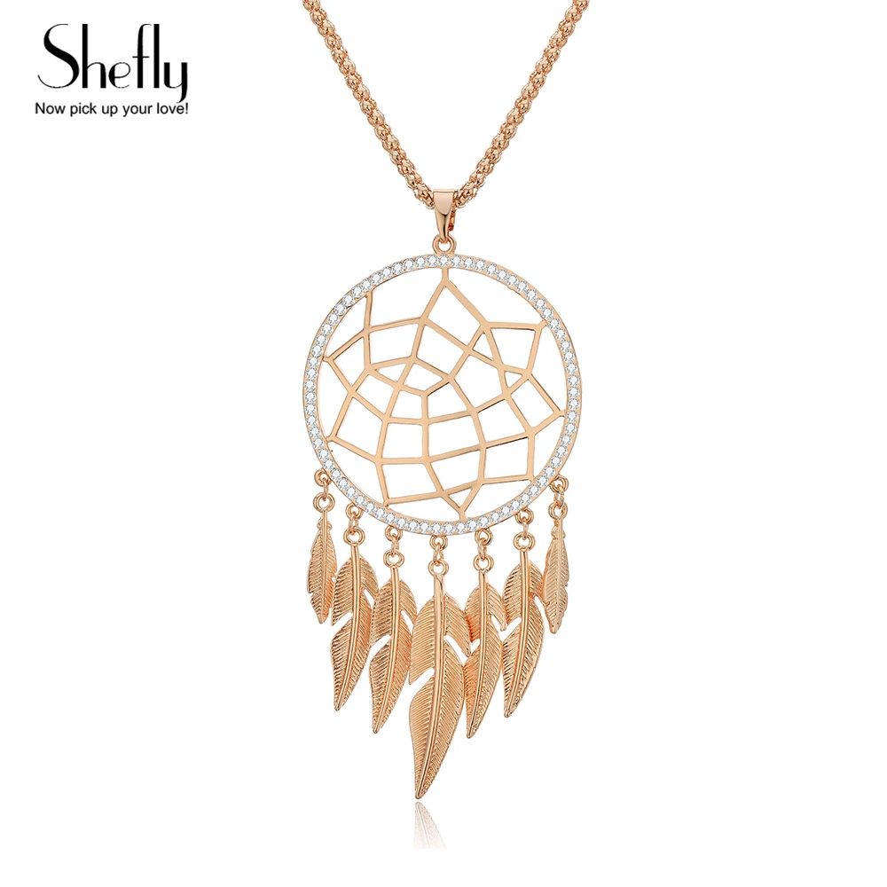 Shefly Long Necklace Big Leaf Feather Tassel Gold Pendant Hollow