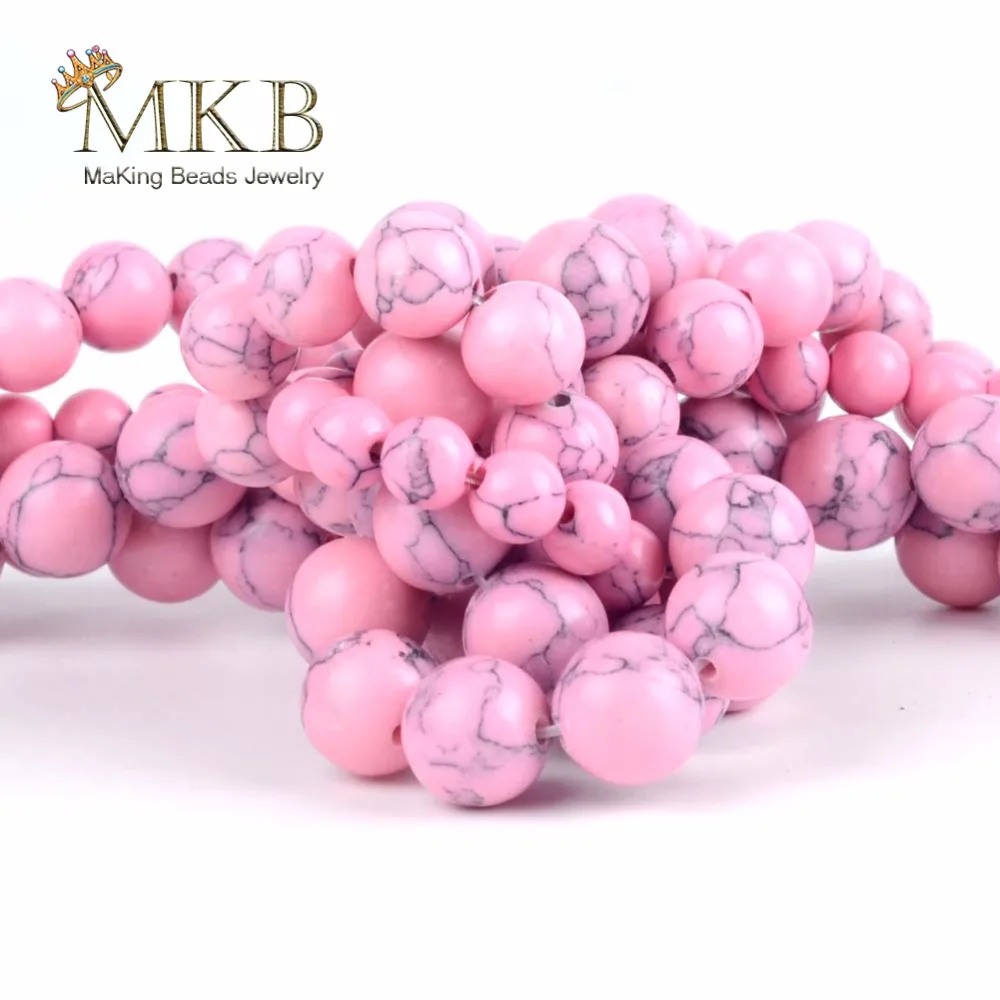 Wholesale 4 6 8 10 12mm Pink Turquoises Stones Round Beads For Making Bracelet Necklace Jewelry 15" Spacer Beads for Needlework