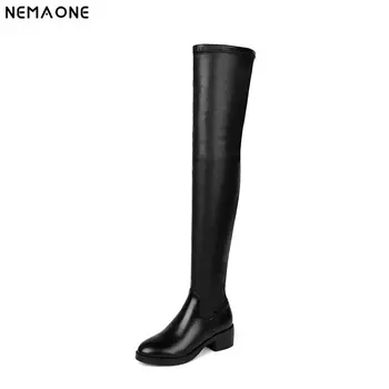 

NEMAONE Night Club Shoes Woman Low Heels Women Over The Knee Boots Genuine Leather rouned Toe Party Shoes large size 34-43