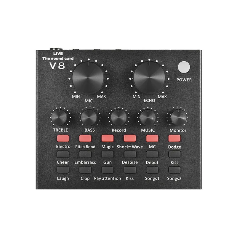 

V8 6 Sounds Audio Mixing Sound Card Main Broadcast Live Voice Changer Multi Function USB Sound Console Mixer Computer Componen