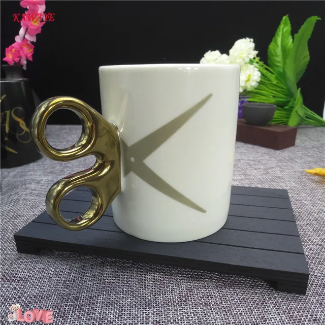 1 pcs Creative Scissors Mug Gold Silver Handle Ceramic Cup Coffee cup