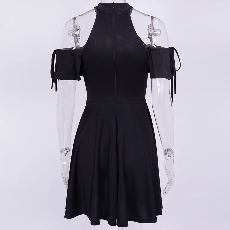 Женское черное готическое платье с лямкой на шее, летнее сексуальное мини-платье с открытыми плечами,, милое японское короткое платье в готическом стиле