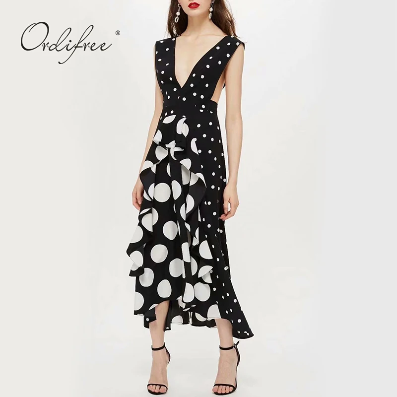 

Ordifree 2019 Summer Boho Women Maxi Dress Vintage Polka Dot Print Ruffle Dress Sexy Backless Sleeveless Long Tunic Beach Dress