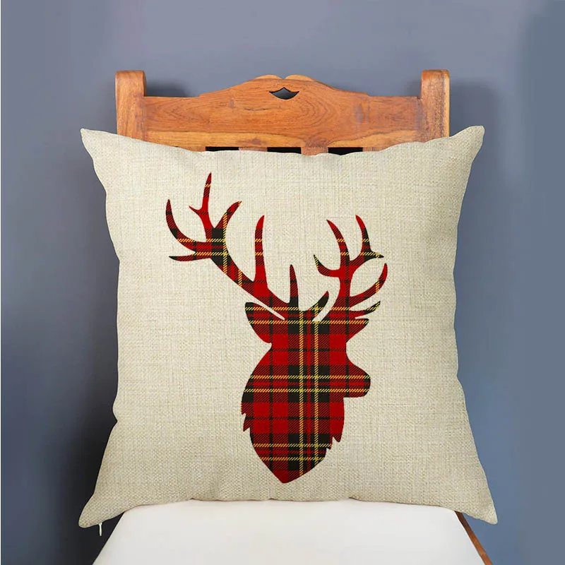 New Scottish Plaids Tartans Christmas Pattern Deer Head Snow flake Snowman Xmas Decoration Pillow Case Linen Red Cushion Cover