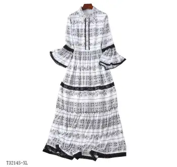 

European style 2019 New arrivals summer Spring fashion women clothes temperament flare sleeve printing vintage dress T3214