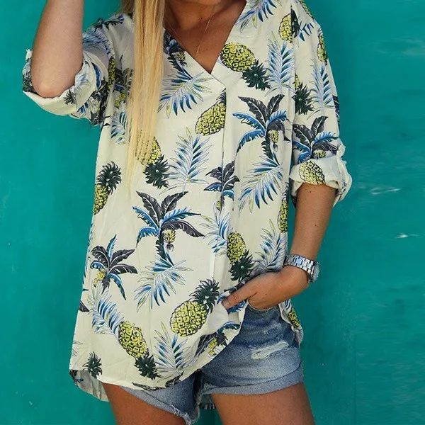 

Women Long Sleeve V-Neck Pineapple blouses Print Floral Tops Blouse Shirt Blouse woman blouses summer casual tops women blouse