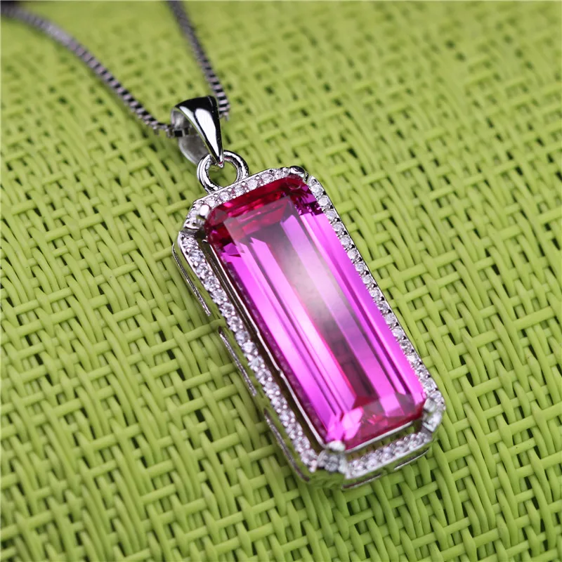 

rectangle rose corundum tourmaline long step cut stone jewelry necklace pendants faceted stone bright 925 silver trendy women