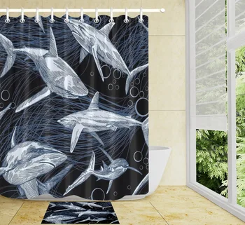 

Cartoon Blue Big Dolphin Shark Tooth Shower Curtain Fabric Polyester Fabric Bathroom Curtain Set With Mat&Hooks Customized Print
