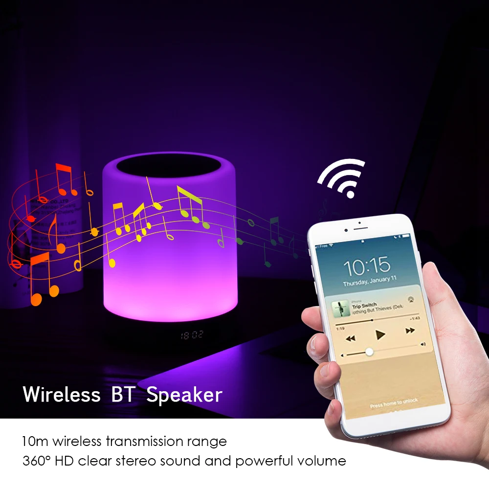 

LED Night Lamp Wireless BT Speaker Touch Control Mood Lamp Alarm Clock Support TF Card AUX-in FM Radio Timer Hands-free Calling