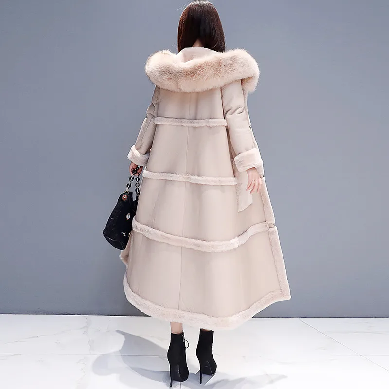 2019 зимняя высококачественная Женская куртка с капюшоном длинное теплое шерстяное пальто из овечьей шерсти большой меховой воротник