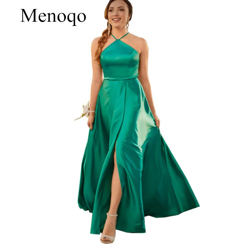 

Halter Long Evening Dresses 2019 with High Side Slit Satin Robe De Soiree Formal Dress