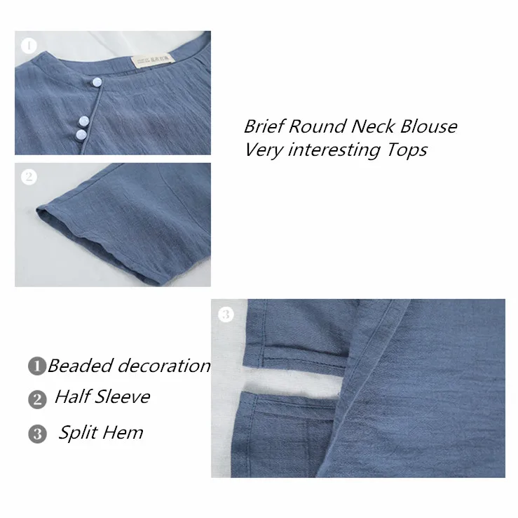 LZJN  Women Shirts Chinese Style 2019 Summer New Casual Blouses Beaded Half Sleeve Loose Cotton Linen Tops (12)