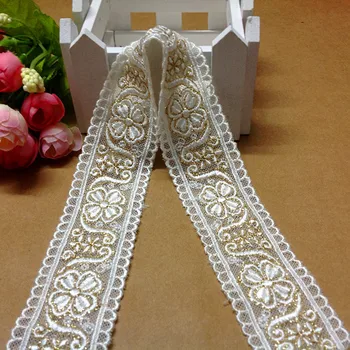

Wholesale wide 3.6cm White with gold thread double edge embroidered lace trim DIY lace material for dress,lace trimming -QX