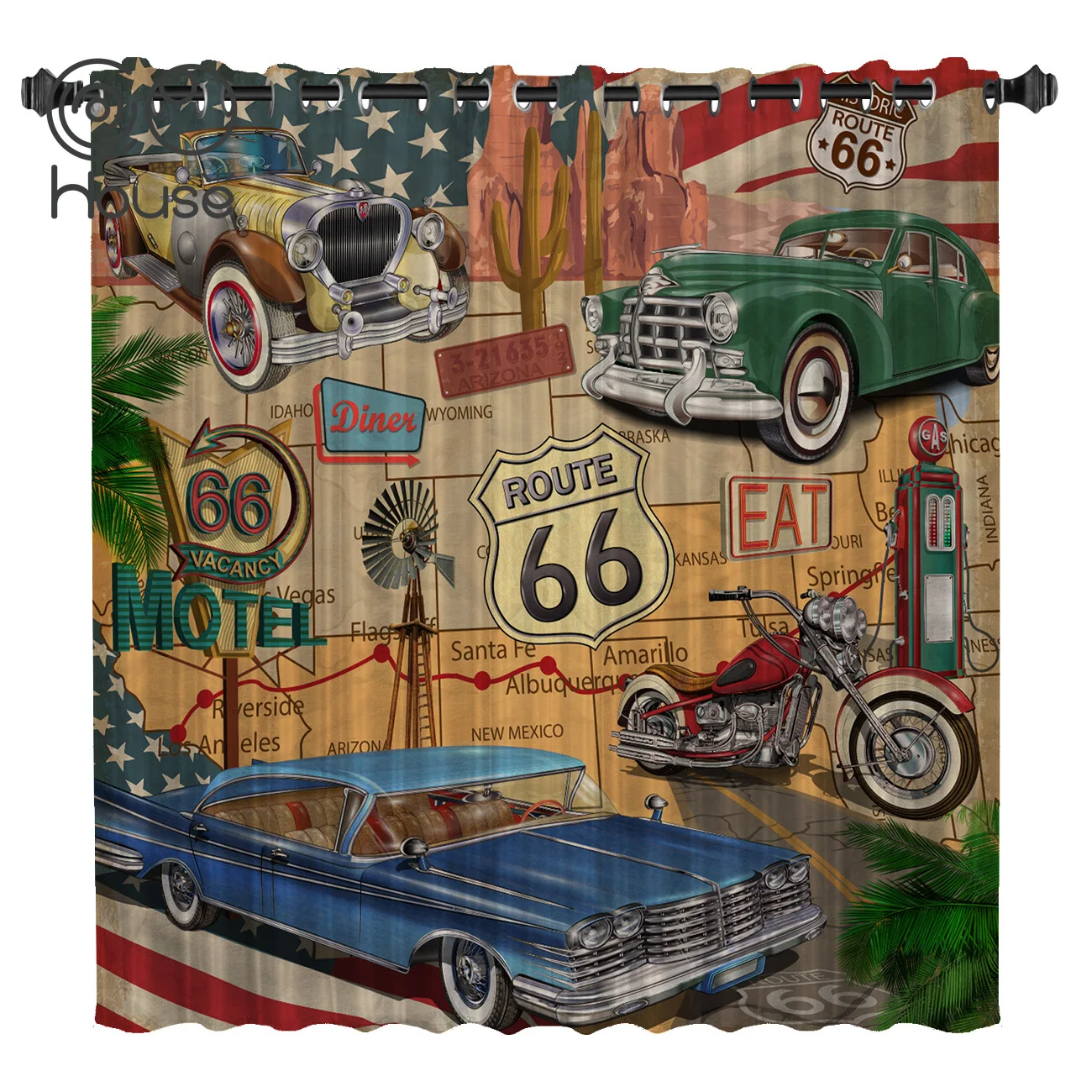 

COCOHouse Retro Route 66 Poster Room Curtains Large Window Blackout Bedroom Kitchen Indoor Fabric Decor Kids Window Treatment