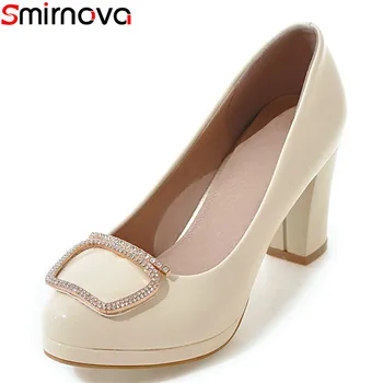 

Smirnova large size 31-43 2018 hot sale slid color high heels shoes thick heel round toe buckle slip-on party shoes woman