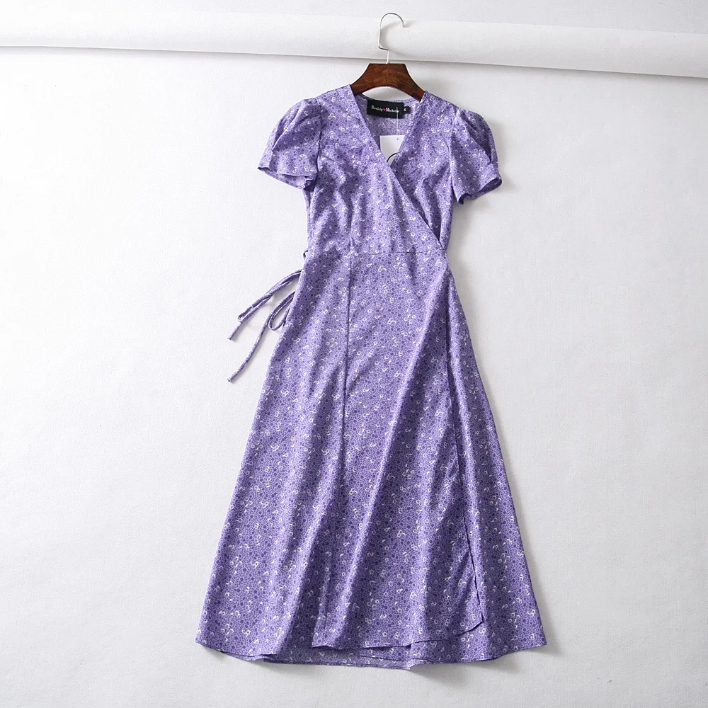 Винтажное платье в горошек с цветочным принтом, женское шифоновое пляжное платье с коротким рукавом, корейские вечерние платья миди с v-образным вырезом, повседневные платья boho vestidos - Цвет: purple 8