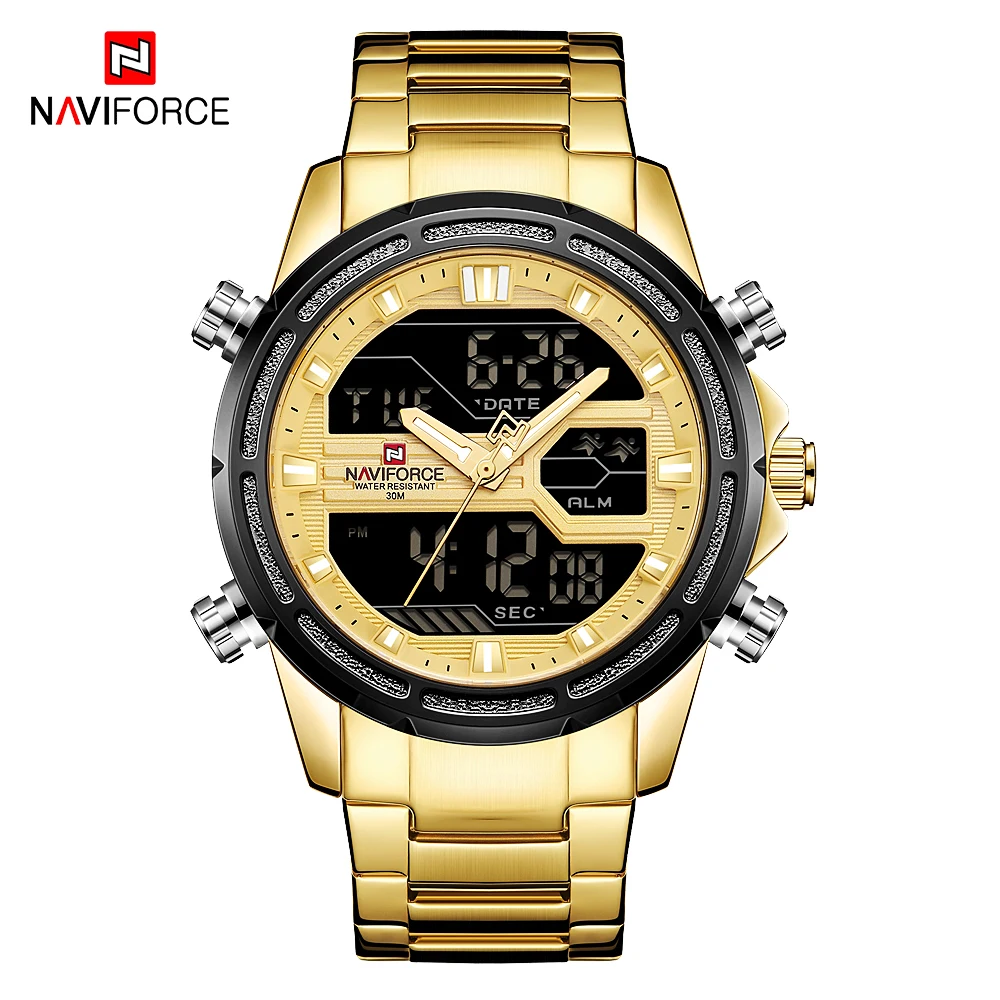 Naviforce Top Luxury Brand Mens Digital Analog Military Golden Steel Watch Fashion Sport Waterproof-6