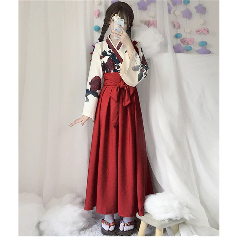 Керамические чашки для девочек кимоно цветочный длинный рукав Женщины Вечерние платья летние модные наряды топ юбка с бантом Haori для женщин - Цвет: Red Long Set