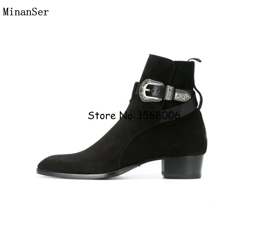 Hot Sale Buckle Strap Slip-on Men Chelsea Boots Brown Black Original Suede Leather Man Ankle Boots British Style MAN flats Shoes