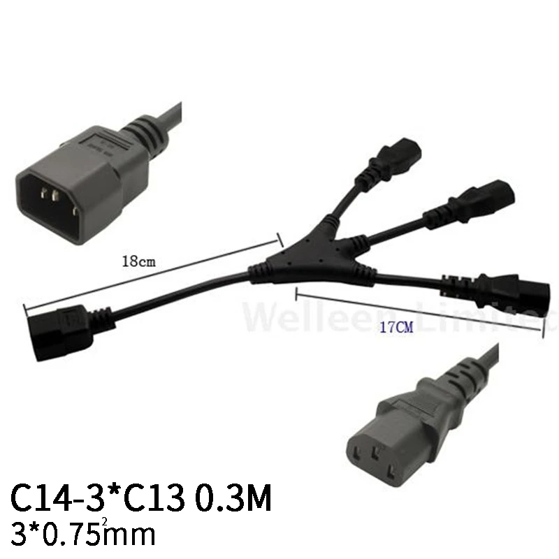 

0.3M 3*0.75mm Square C14-3*C13 IEC320 C14 Male Plug To C13 Female Y Type Power Extension Cable Cord Power Adapter Wire 10A/250V