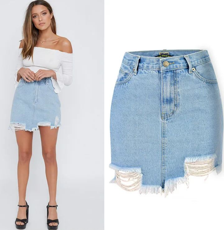 

Fashion Women Summer Hole Ripped Denim High Waist Straight Faldas Mujer Tassel Jeans Skirts