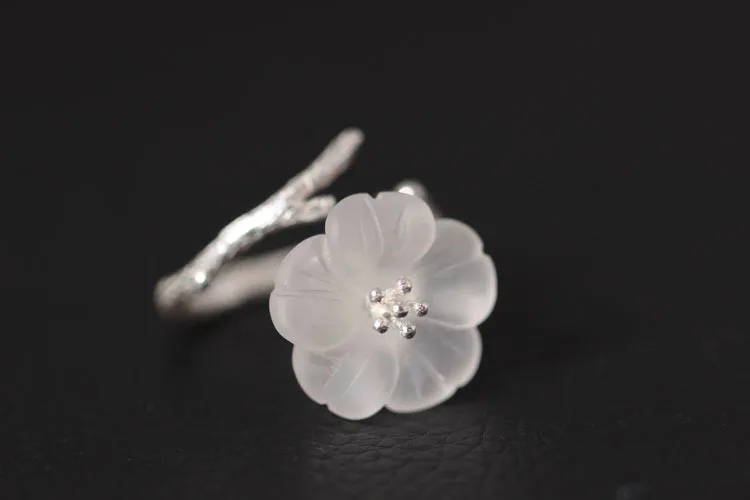 925 Sterling Silver White Crystal Astilboides Tabularis Flowers Open Rings For Women Vintage Style Lady Sterling-Silver-Jewelry