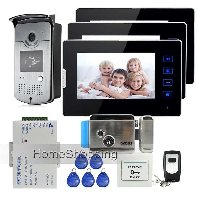 

7" Touch Screen Video Door Phone Intercom + 3 Monitors + Waterproof RFID Access Camera + Electric Lock Remote Control FREE SHIP
