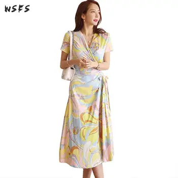 

Elegant Dress Vneck Short Sleeve Print Women Dresses 2019 Belt Korean Elegant Bodycon Sexy Party Midi Aline Long Summer Dress