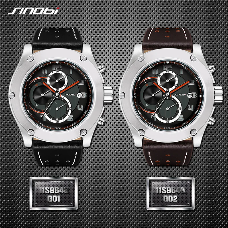 relogio masculino SINOBI New Man Chronograph Wrist watches Calender Waterproof Leather Sports Men's