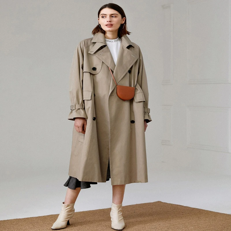 

2020 Fall /Autumn Women Casual Double breasted Simple Classic Long Trench coat with belt Chic Female windbreaker