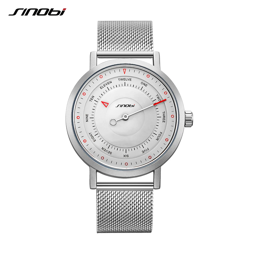 Sinobi Top Luxury Brand Men Leather Strap Sports Watches Men's Quartz Clock Man Waterproof Wrist Hiking Watch Relogio masculino - Цвет: silver mesh band