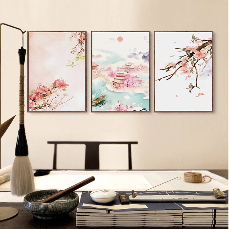 Японский стиль, акварельный пейзаж, розовый цветок, вишня, холст, живопись, плакат, искусство, Настенная картина, девочка, милый, для гостиной, домашний декор