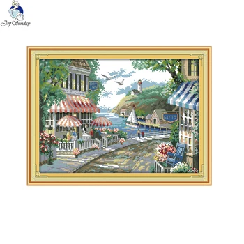 

Joy Sunday The Seaside Cafe Patterns DIY Hand Cross Stitch Kits Printed Canvas DMC Counted Embroidery Needlework Home Decor